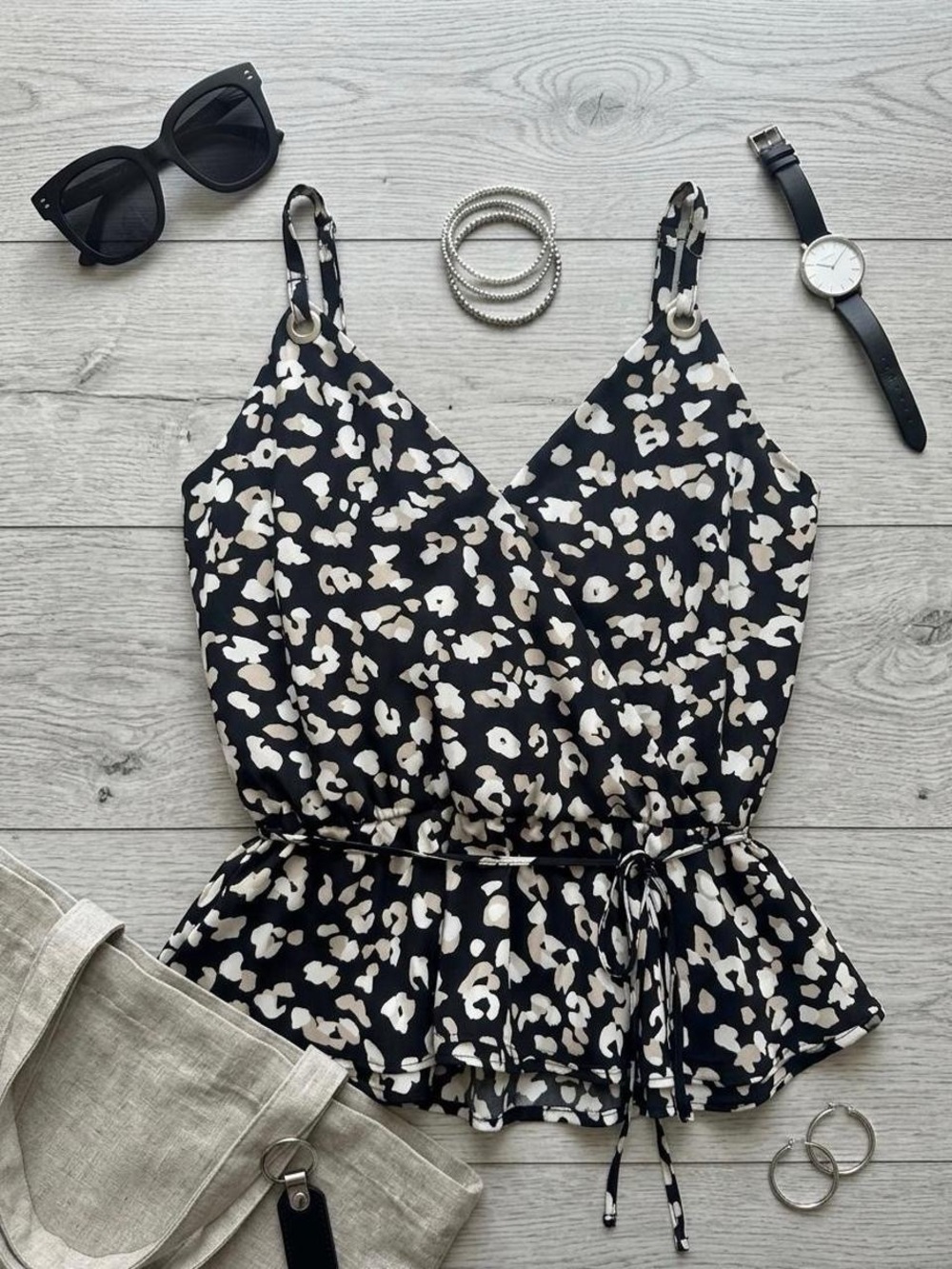 White House Black Market Black and Cream Leopard Tie-Waist Cami